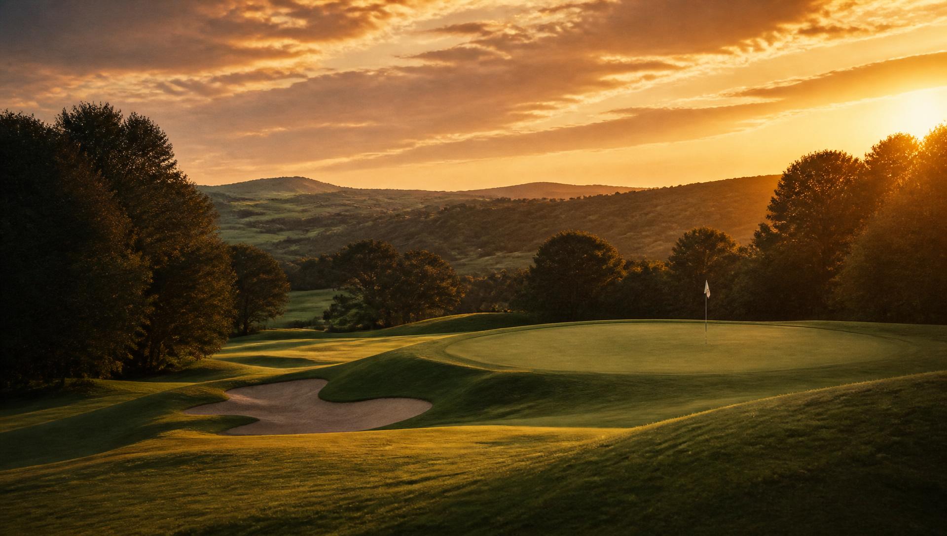Golf course fairway sweeping toward a green at golden hour