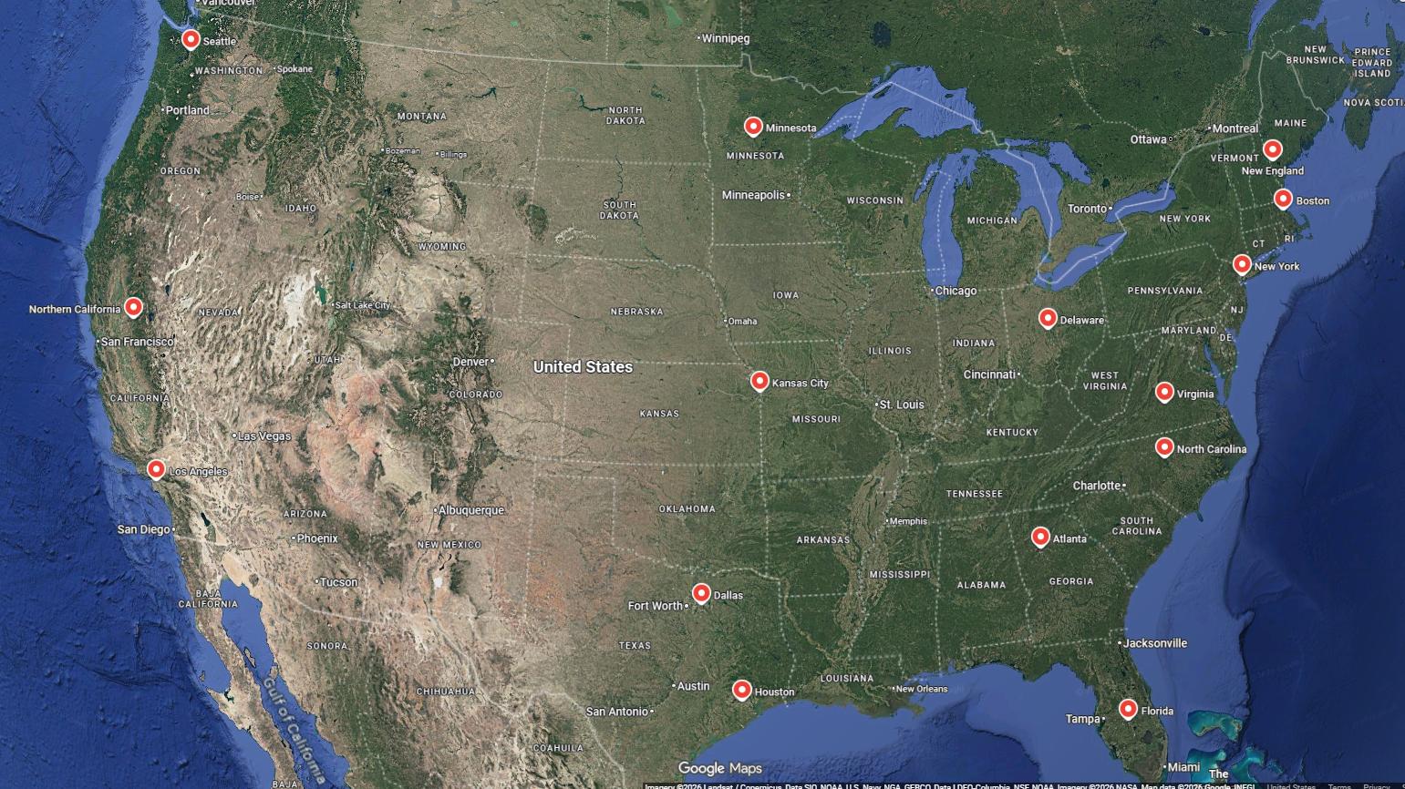 Satellite map of the United States showing every Safari Diaspora Golf chapter city