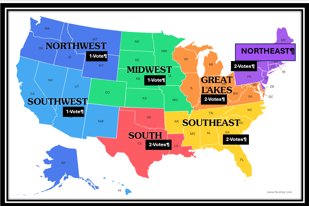 Map of the United States divided into 7 Safari regions with vote counts